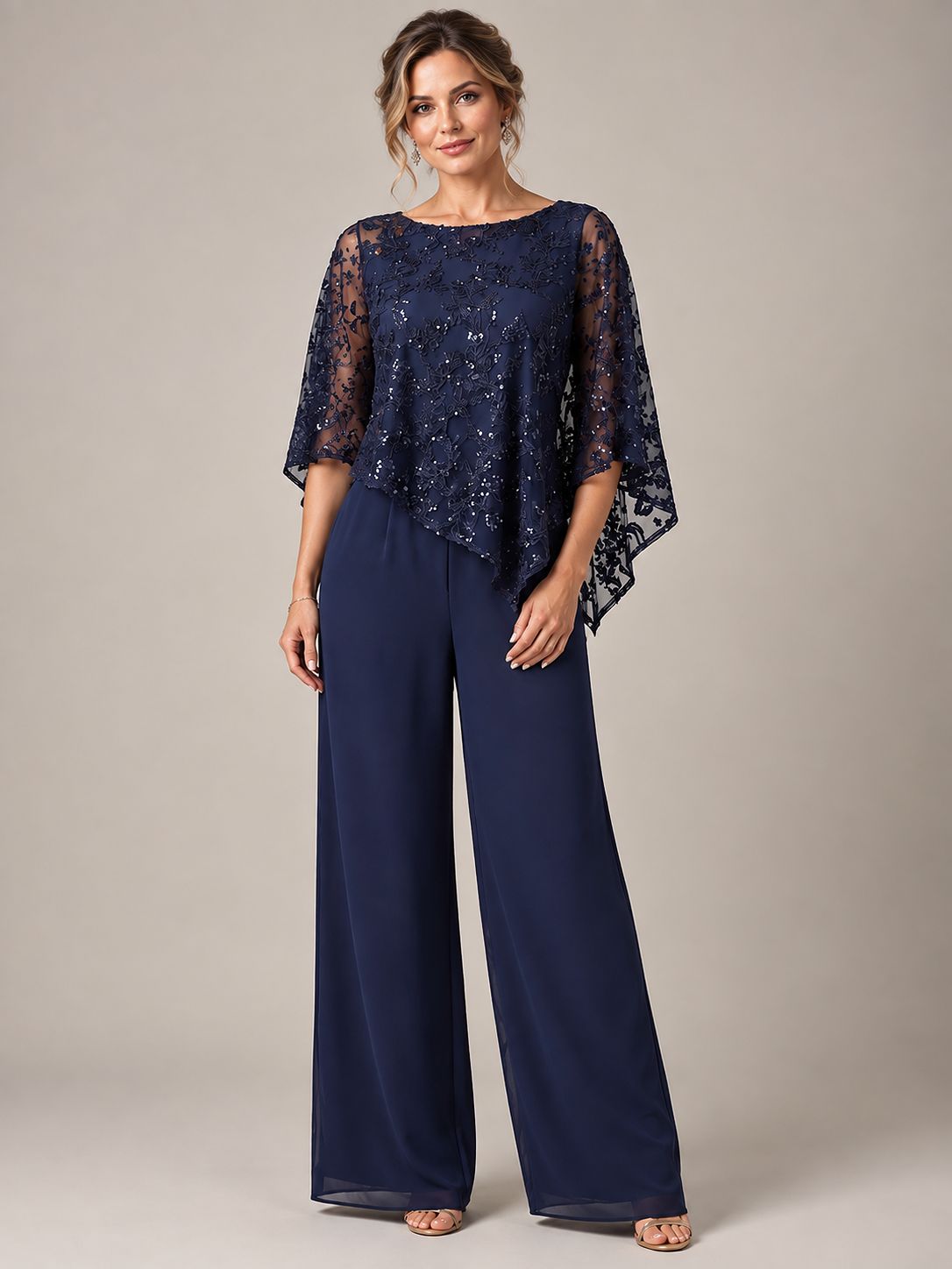 Navy Blue Sequin Chiffon Jumpsuit with Cape