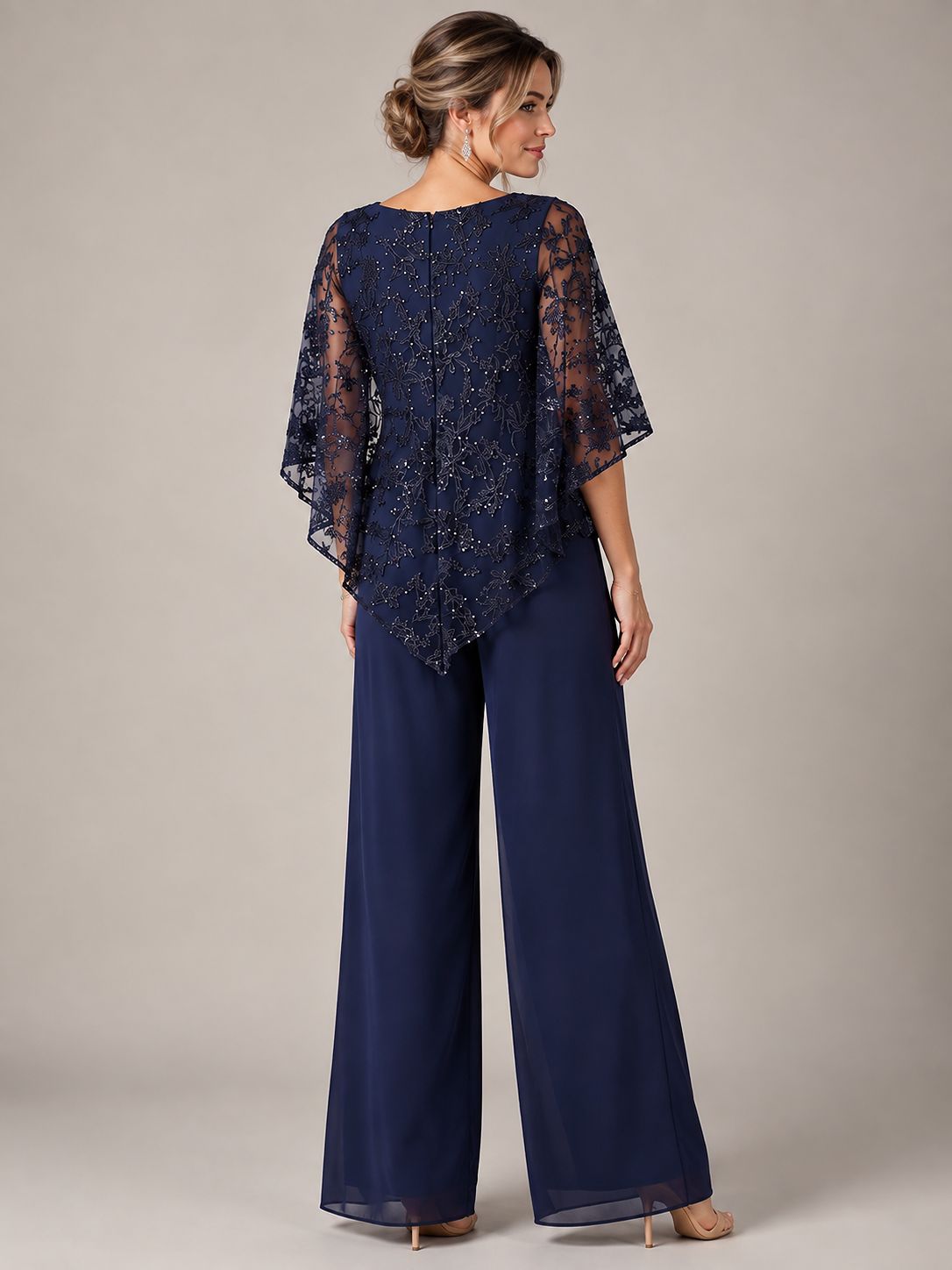 Navy Blue Sequin Chiffon Jumpsuit with Cape