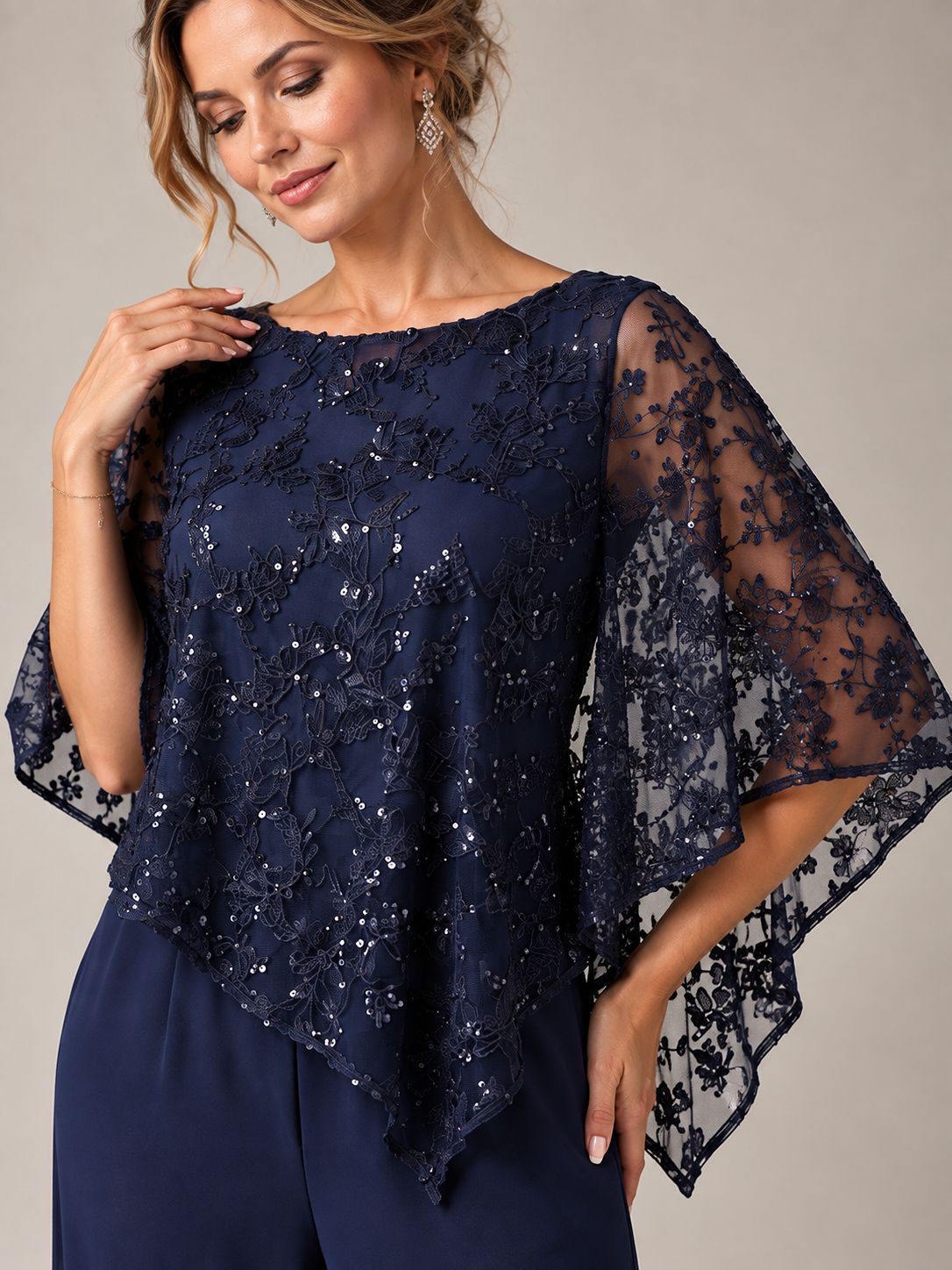 Navy Blue Sequin Chiffon Jumpsuit with Cape