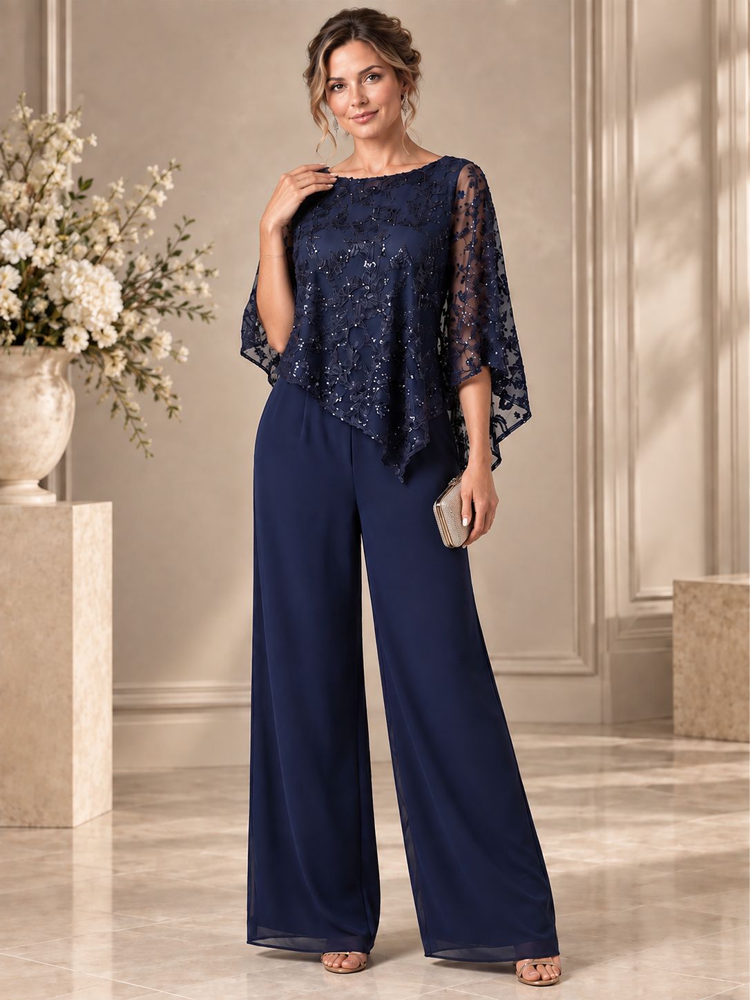 Navy Blue Sequin Chiffon Jumpsuit with Cape