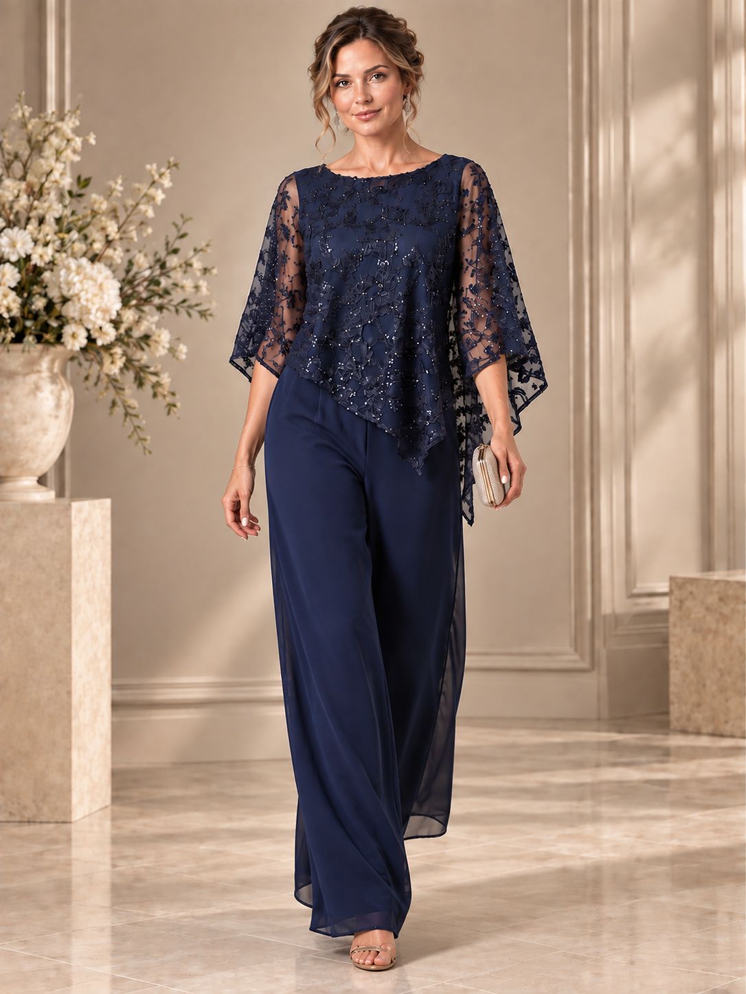 Navy Blue Sequin Chiffon Jumpsuit with Cape