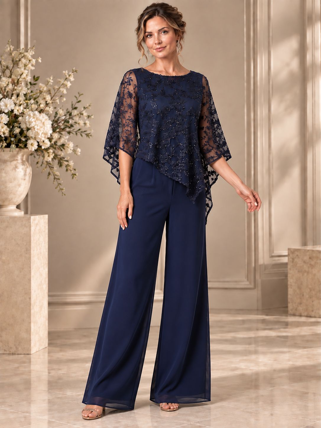 Navy Blue Sequin Chiffon Jumpsuit with Cape