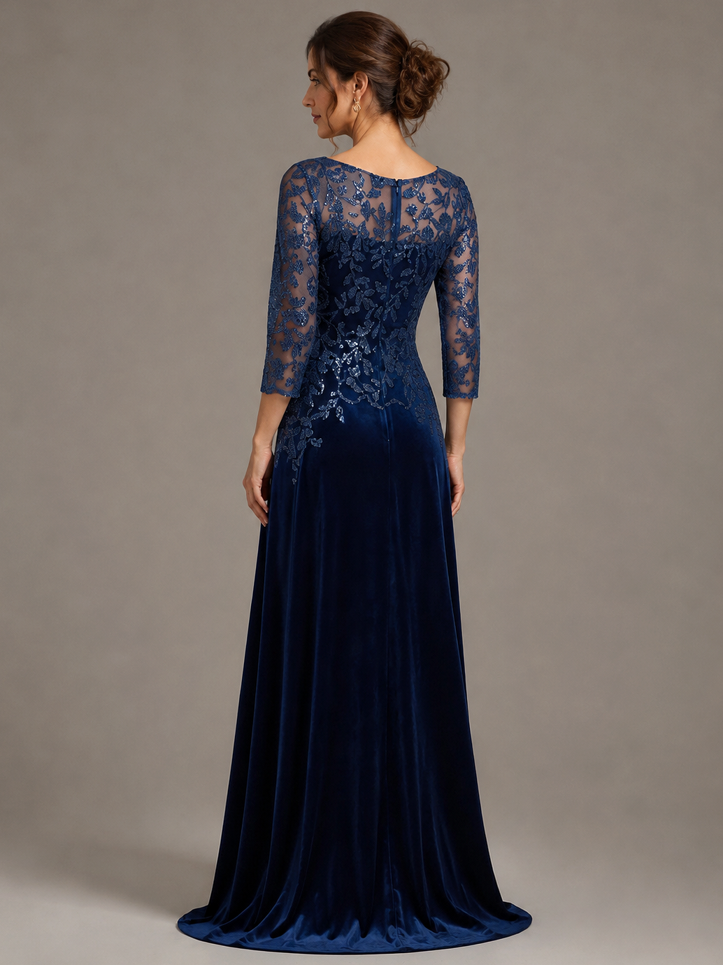 Navy Blue Lace Applique Velvet Maxi Dress