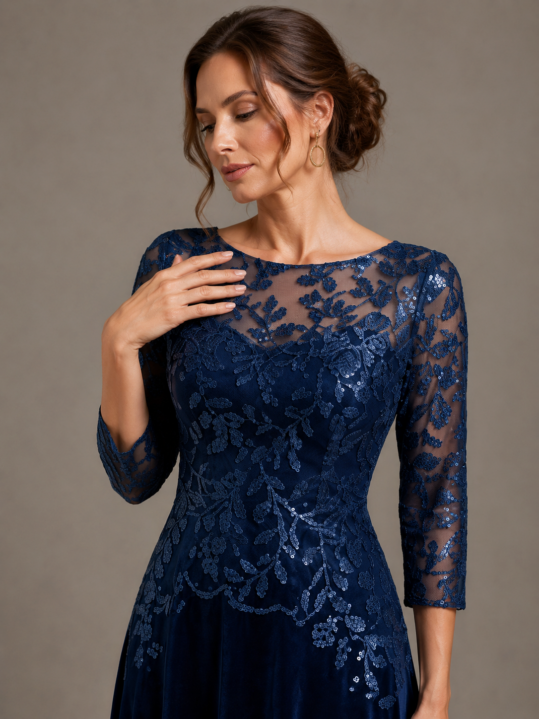 Navy Blue Lace Applique Velvet Maxi Dress