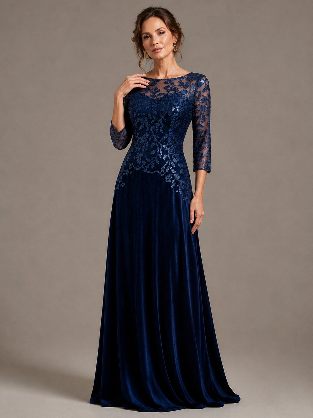 Navy Blue Lace Applique Velvet Maxi Dress