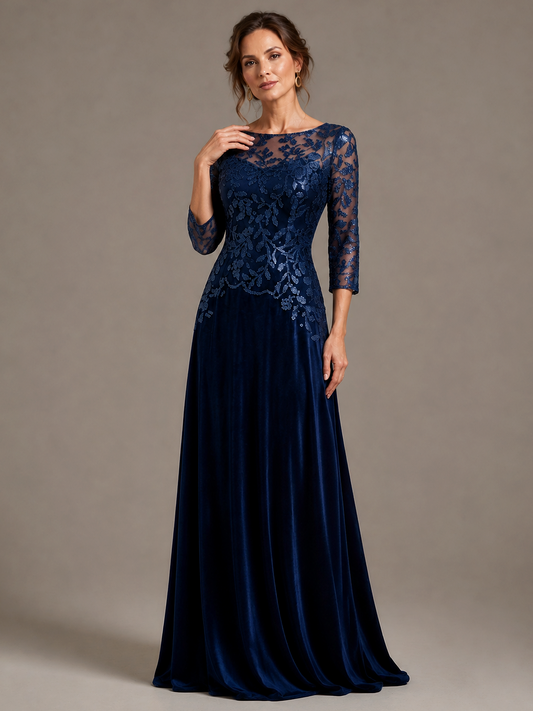 Navy Blue Lace Applique Velvet Maxi Dress