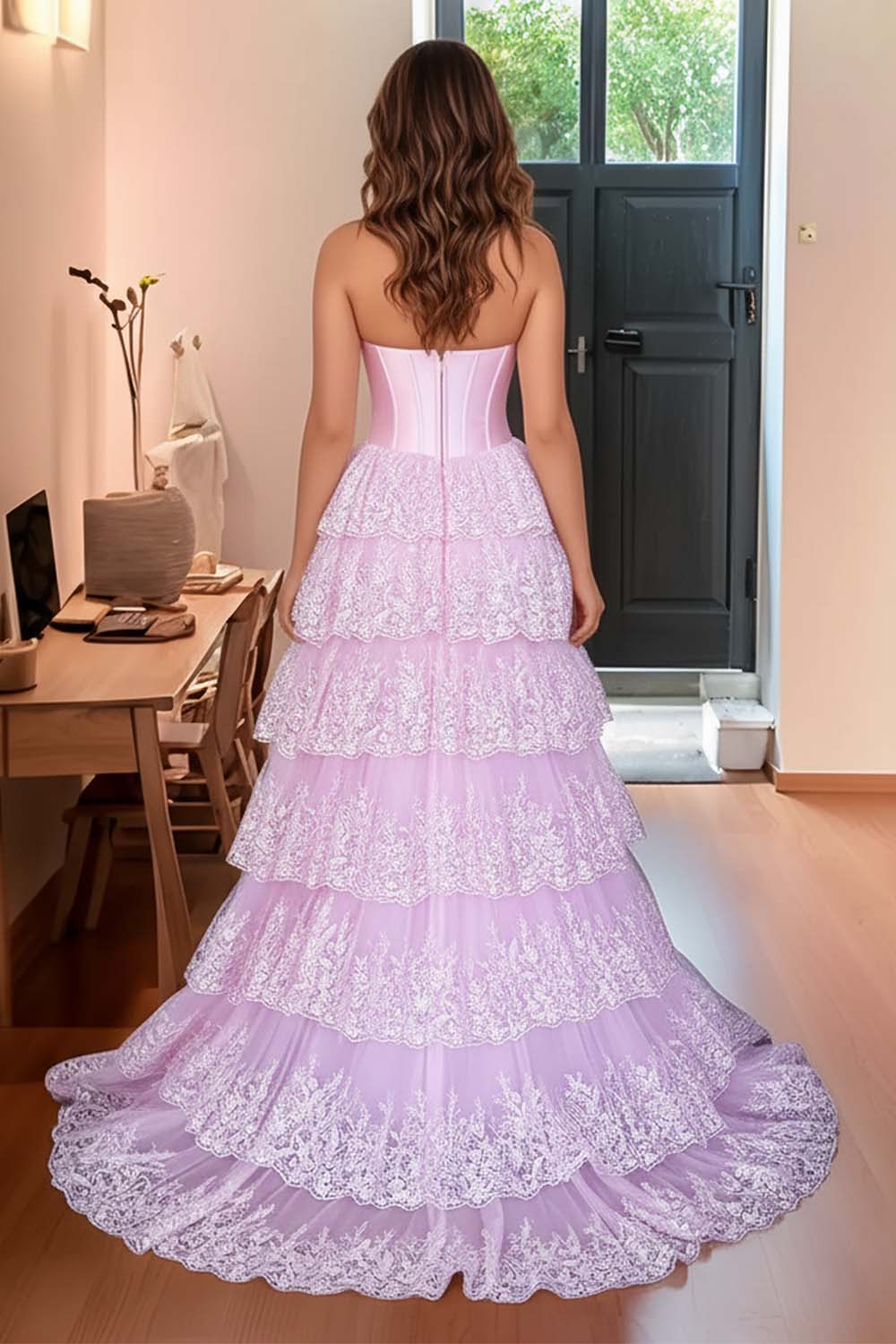 Corset Bodic Ruffle Prom Dress with Appliques