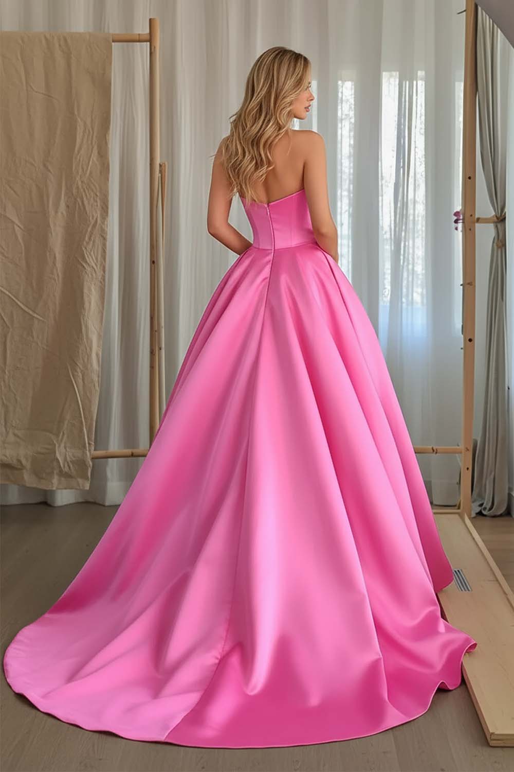 Strapless Hot Pink Prom Dress with 3D Appliques