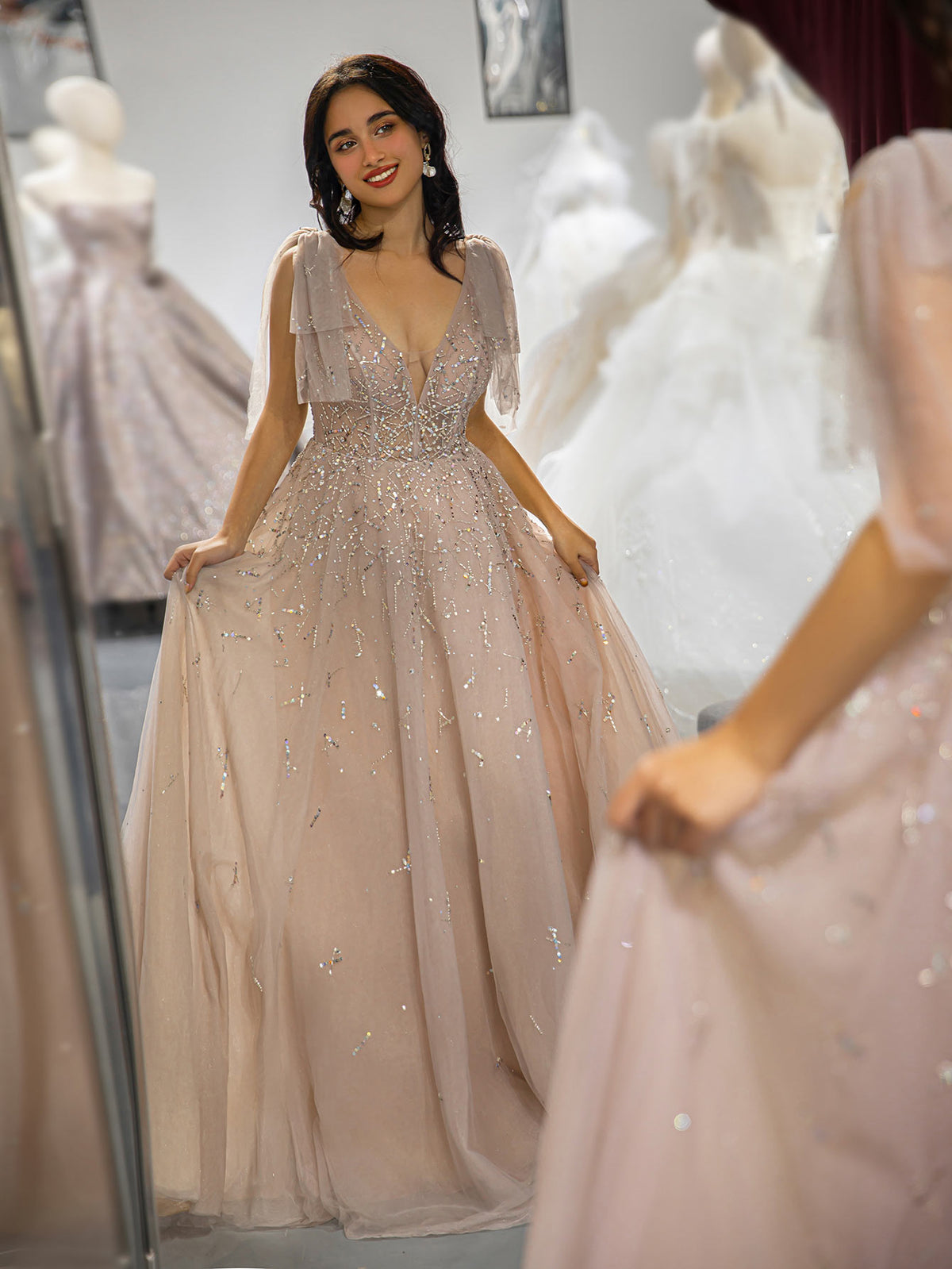Champagne Beaded Prom Dress with Tulle Bows