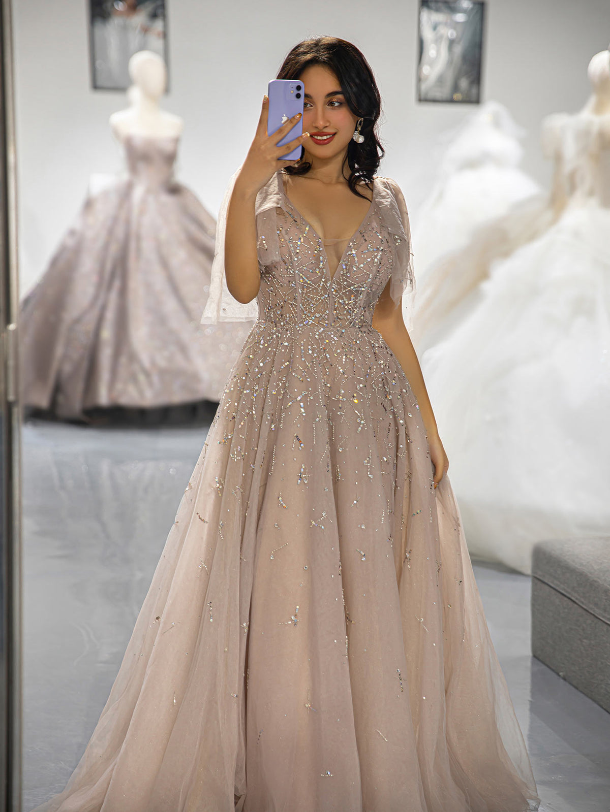 Champagne Beaded Prom Dress with Tulle Bows