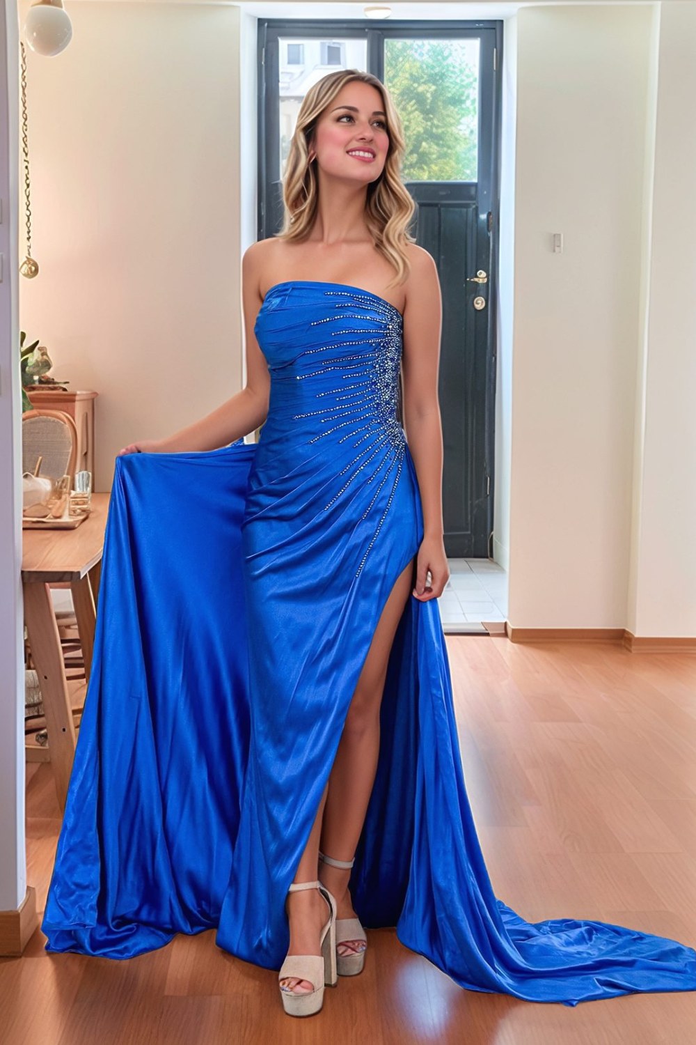 Strapless Side Slit Prom Dress with Beads