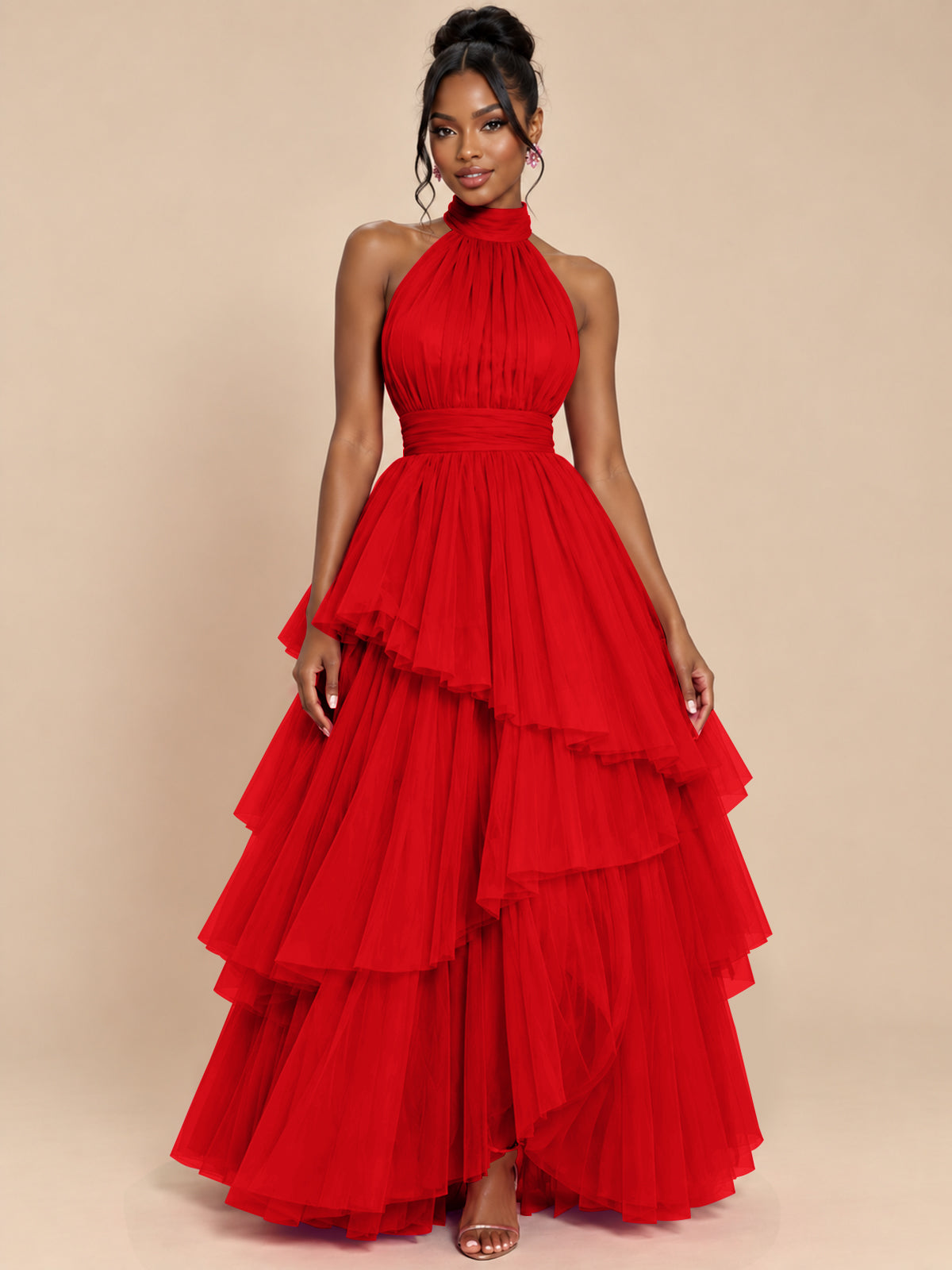 Hot Pink Tulle Halter Neck Tiered Ruffle Maxi Dress