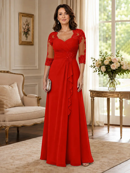 Chiffon Lace Applique Mother of the Bride Dress with 3/4 Sleeves