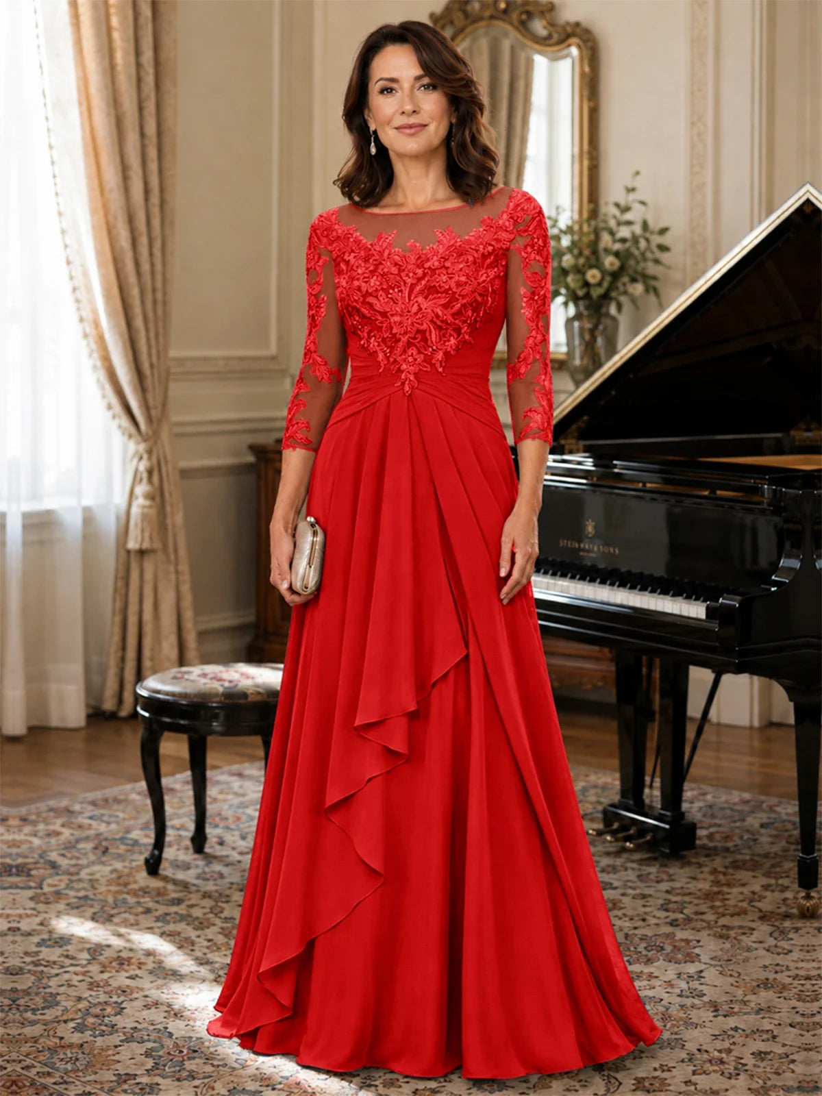 A-Line Chiffon Mother of the Bride Dress with Floral Applique 3/4 Sleeves