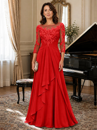 A-Line Chiffon Mother of the Bride Dress with Floral Applique 3/4 Sleeves