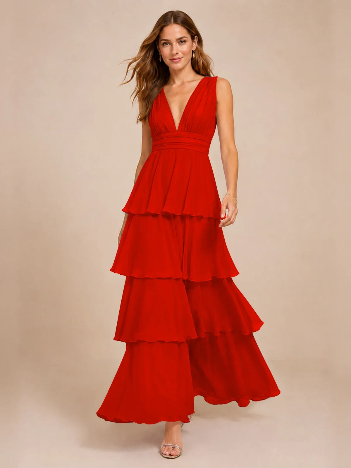 Elegant Deep V Neck Chiffon Bridesmaid Dress with Tiered Ruffles