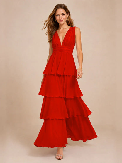 Elegant Deep V Neck Chiffon Bridesmaid Dress with Tiered Ruffles