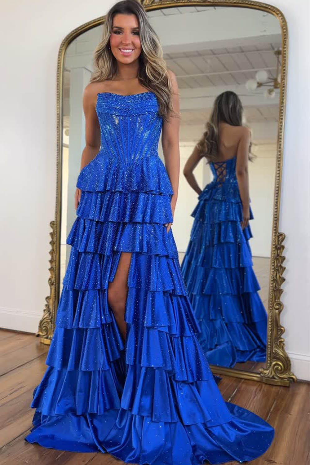 Strapless Beading Prom Dress with Ruffle Skirt