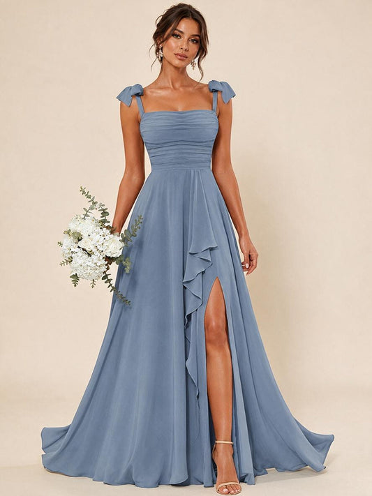 Dusty Blue Ruffle Slit Chiffon A Line Scoop Neck Bridesmaid Dresses with Pockets