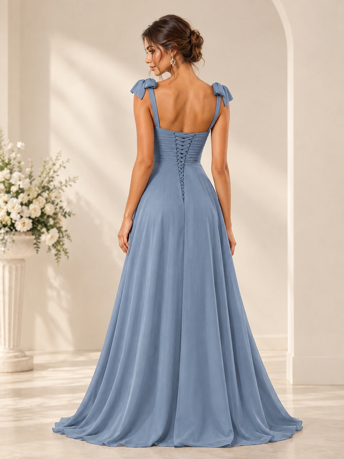Dusty Blue Ruffle Slit Chiffon A Line Scoop Neck Bridesmaid Dresses with Pockets