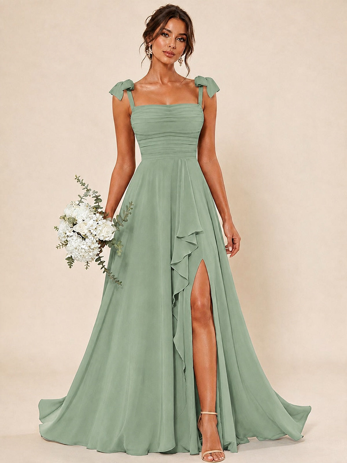 Dusty Blue Ruffle Slit Chiffon A Line Scoop Neck Bridesmaid Dresses with Pockets