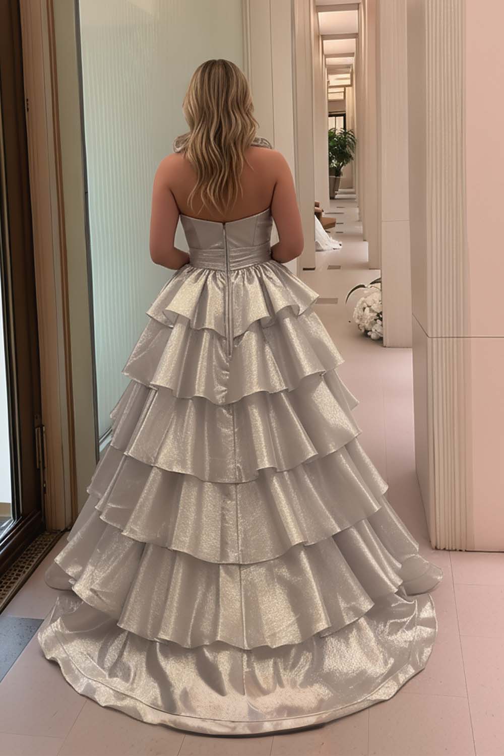 Silver Halter Ruffle Tiered Prom Dress