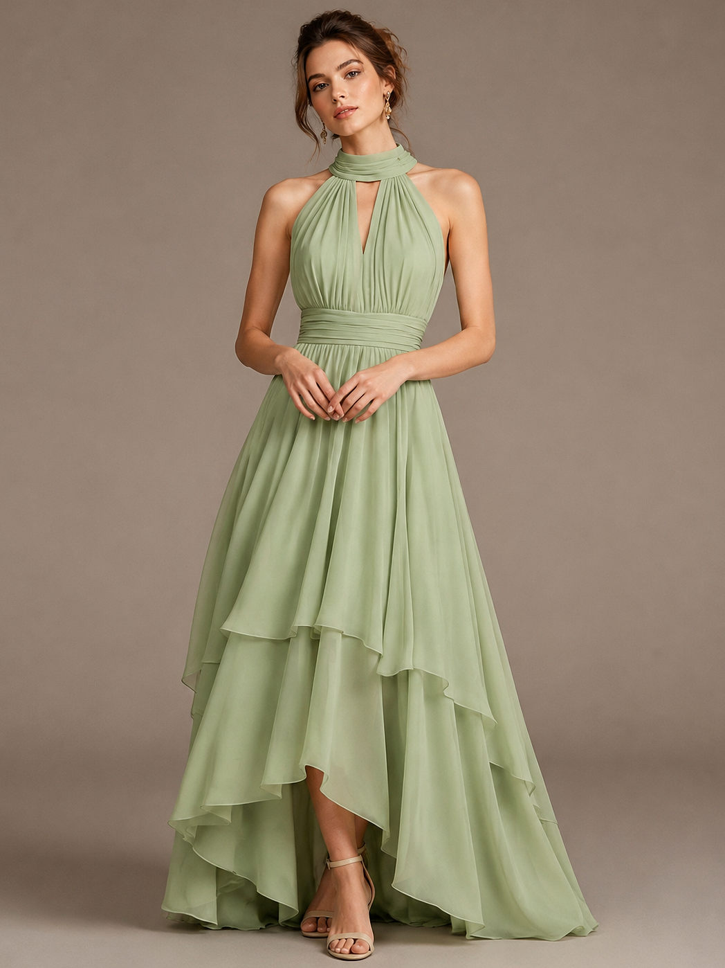 Sage Green High Neck Ruffle Maxi Dress
