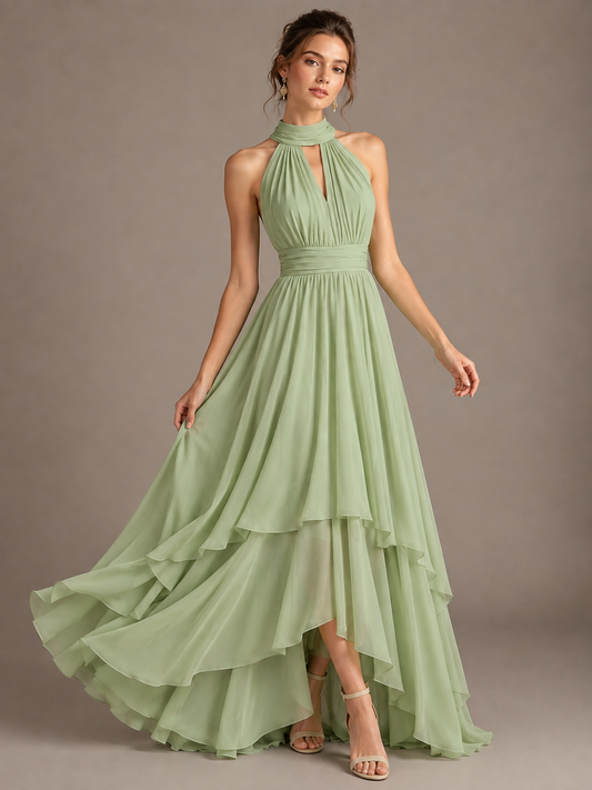 Sage Green High Neck Ruffle Maxi Dress