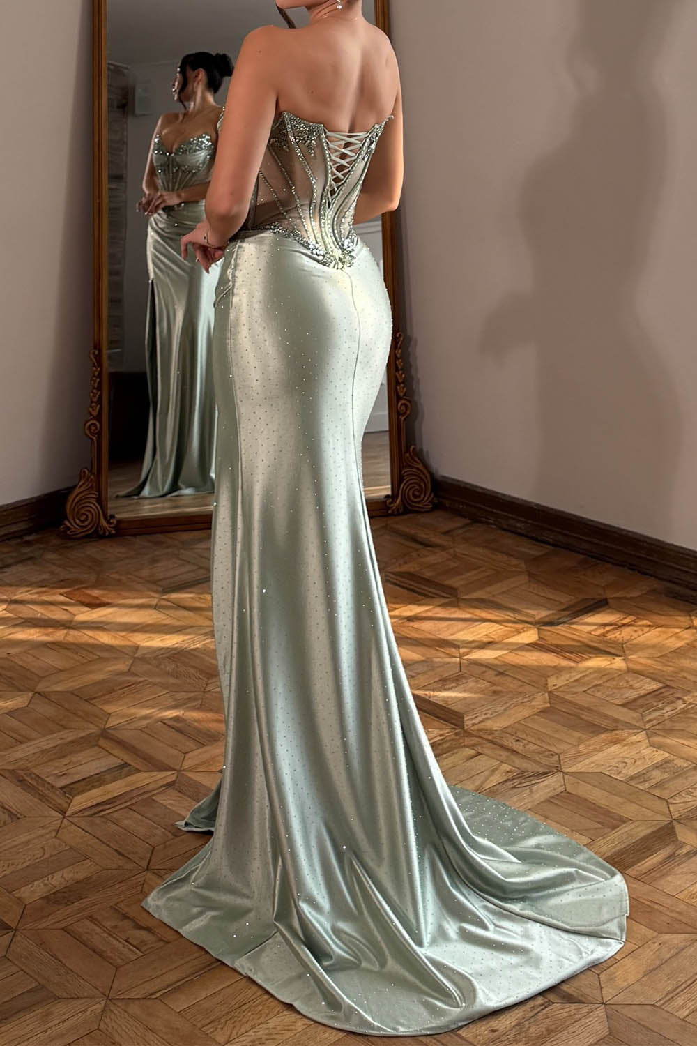 Strapless Ruched High Slit Prom Dress with Beads