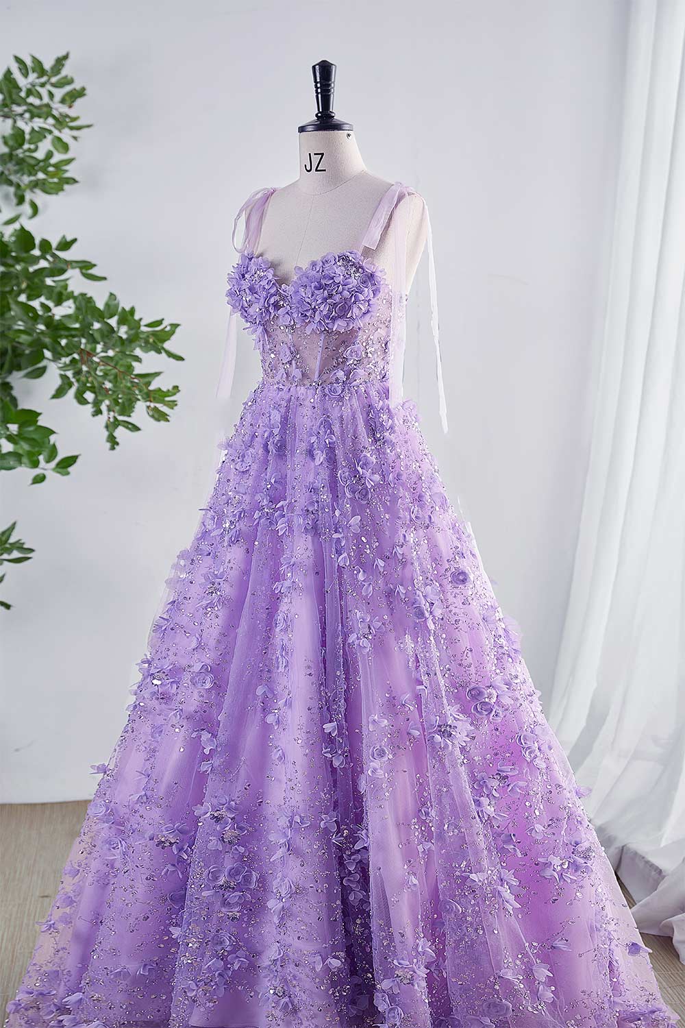 Shiny Lilac Prom Dress with Flowers