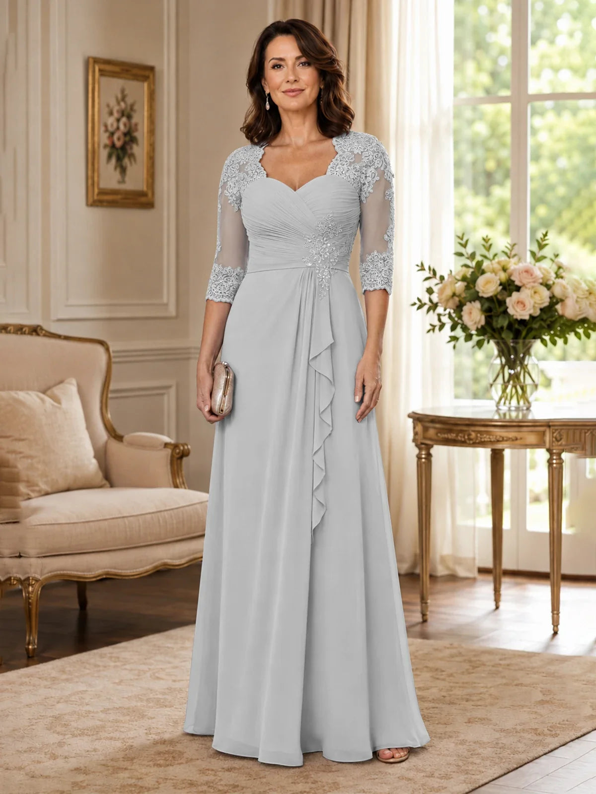 Chiffon Lace Applique Mother of the Bride Dress with 3/4 Sleeves