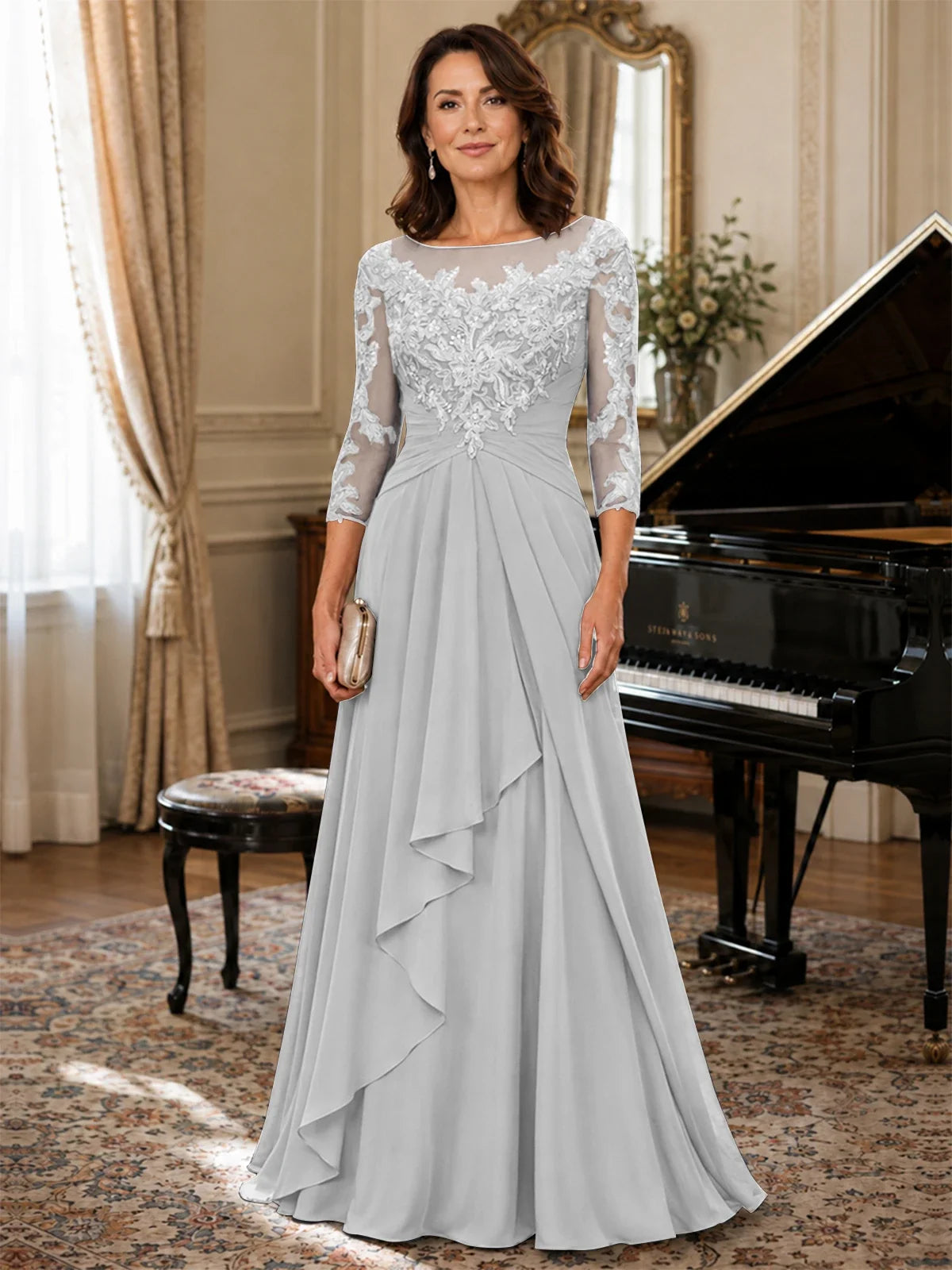 A-Line Chiffon Mother of the Bride Dress with Floral Applique 3/4 Sleeves