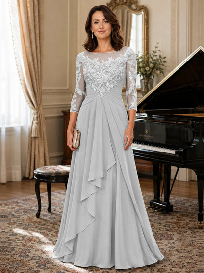 A-Line Chiffon Mother of the Bride Dress with Floral Applique 3/4 Sleeves
