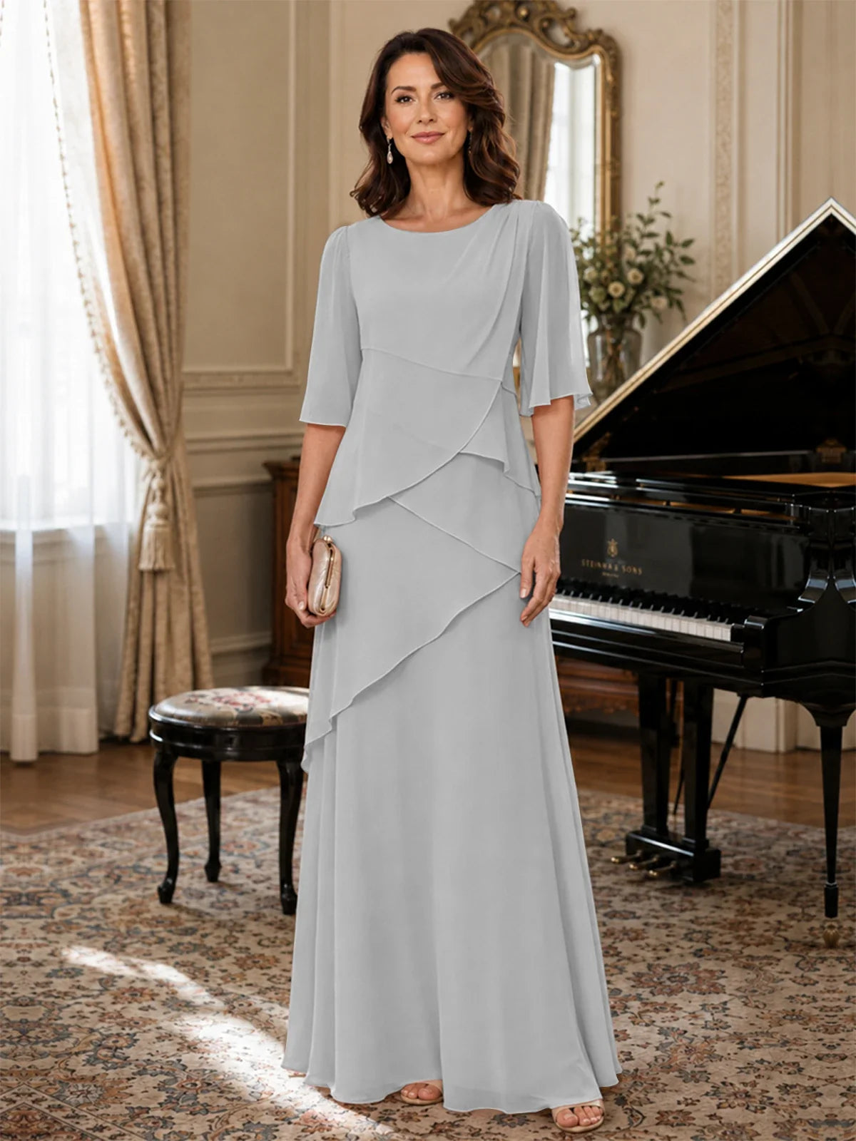 Asymmetric Draped Chiffon Mother of the Bride Dress with Flutter Sleeves