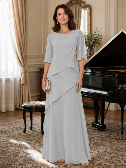 Asymmetric Draped Chiffon Mother of the Bride Dress with Flutter Sleeves