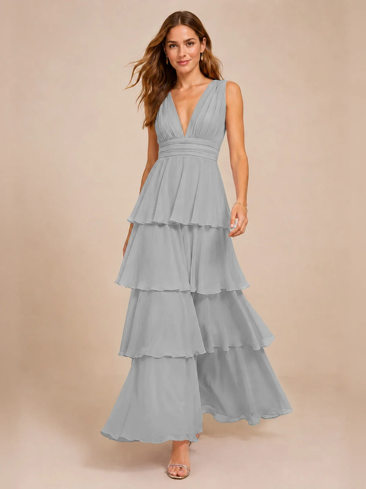Elegant Deep V Neck Chiffon Bridesmaid Dress with Tiered Ruffles