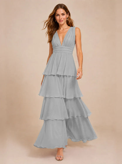 Elegant Deep V Neck Chiffon Bridesmaid Dress with Tiered Ruffles