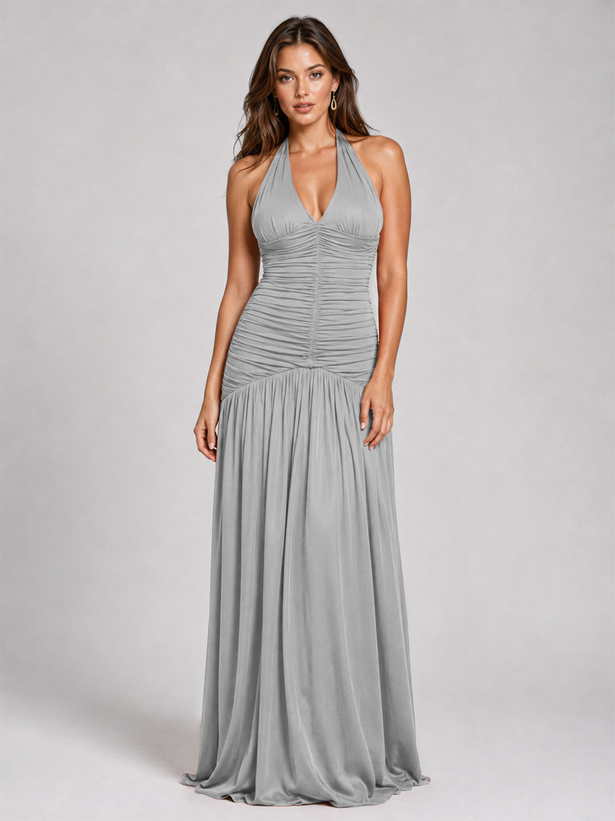 Burnt Orange Ruched Halter Drop-Waist Prom Dress
