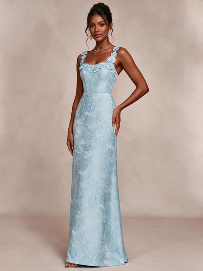 Light Blue 3D Floral Jacquard Prom Dress with Detachable Overskirt Corset Gown