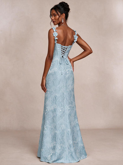 Light Blue 3D Floral Jacquard Prom Dress with Detachable Overskirt Corset Gown