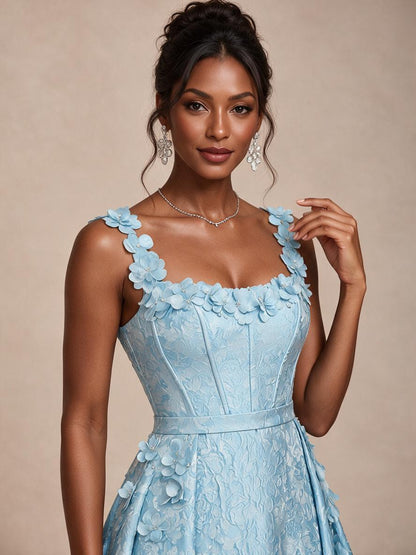 Light Blue 3D Floral Jacquard Prom Dress with Detachable Overskirt Corset Gown