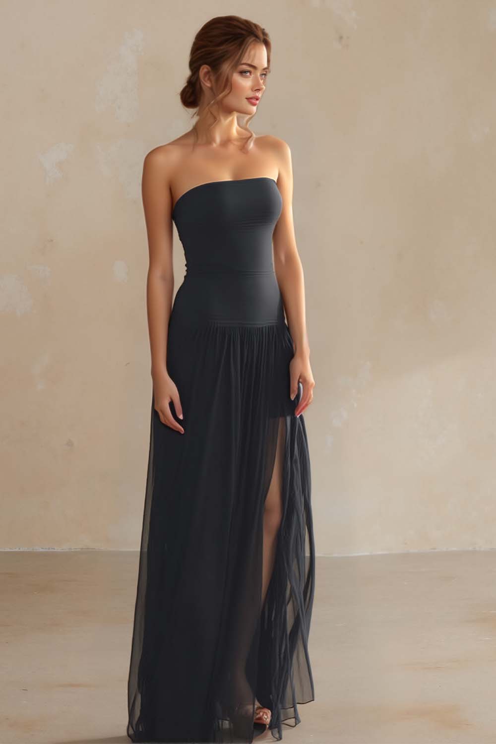 Pleated Side Slit Black Prom Dress