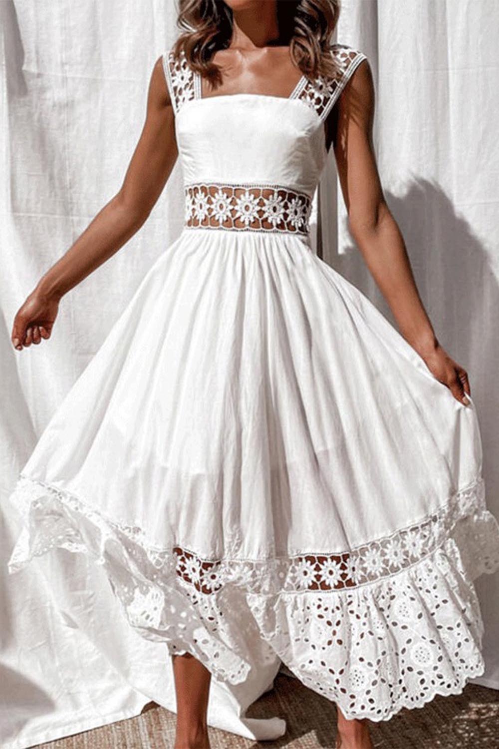 Lace Insert Ruffle White Dress