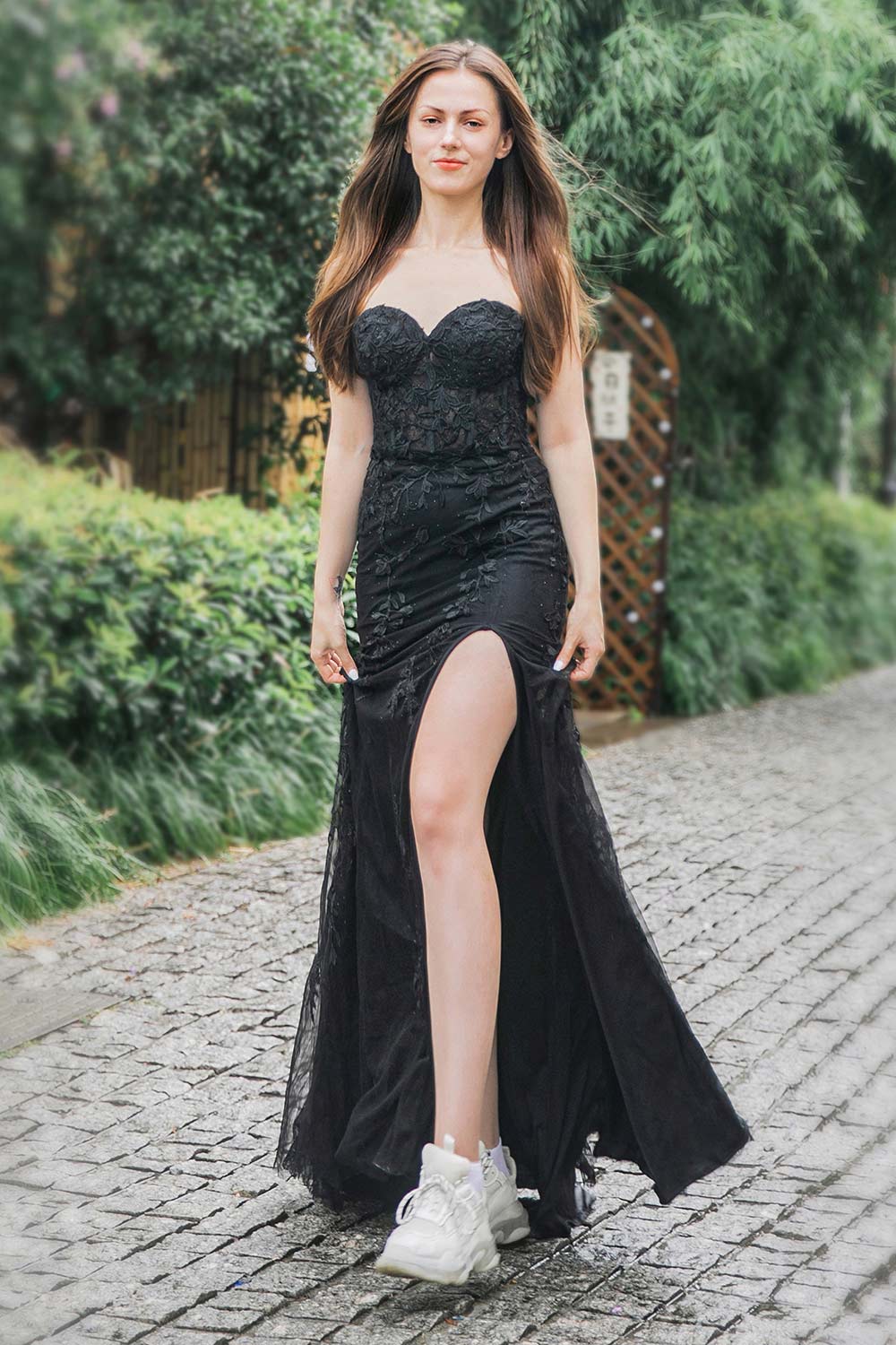 Long Sweetheart Appliques Side Split Prom Dress