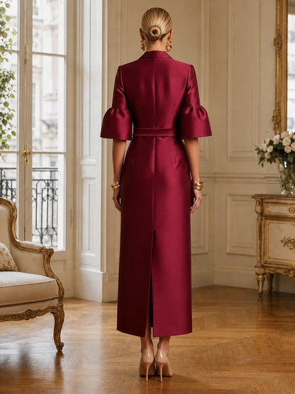 Tea-Length Mother of the Bride Dress in Satin with Puff Sleeves