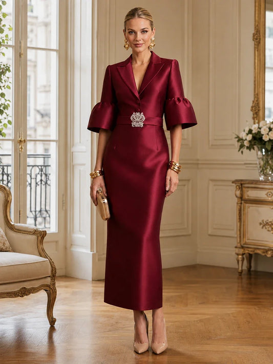 Burgundy tea-length satin mother of the bride dress