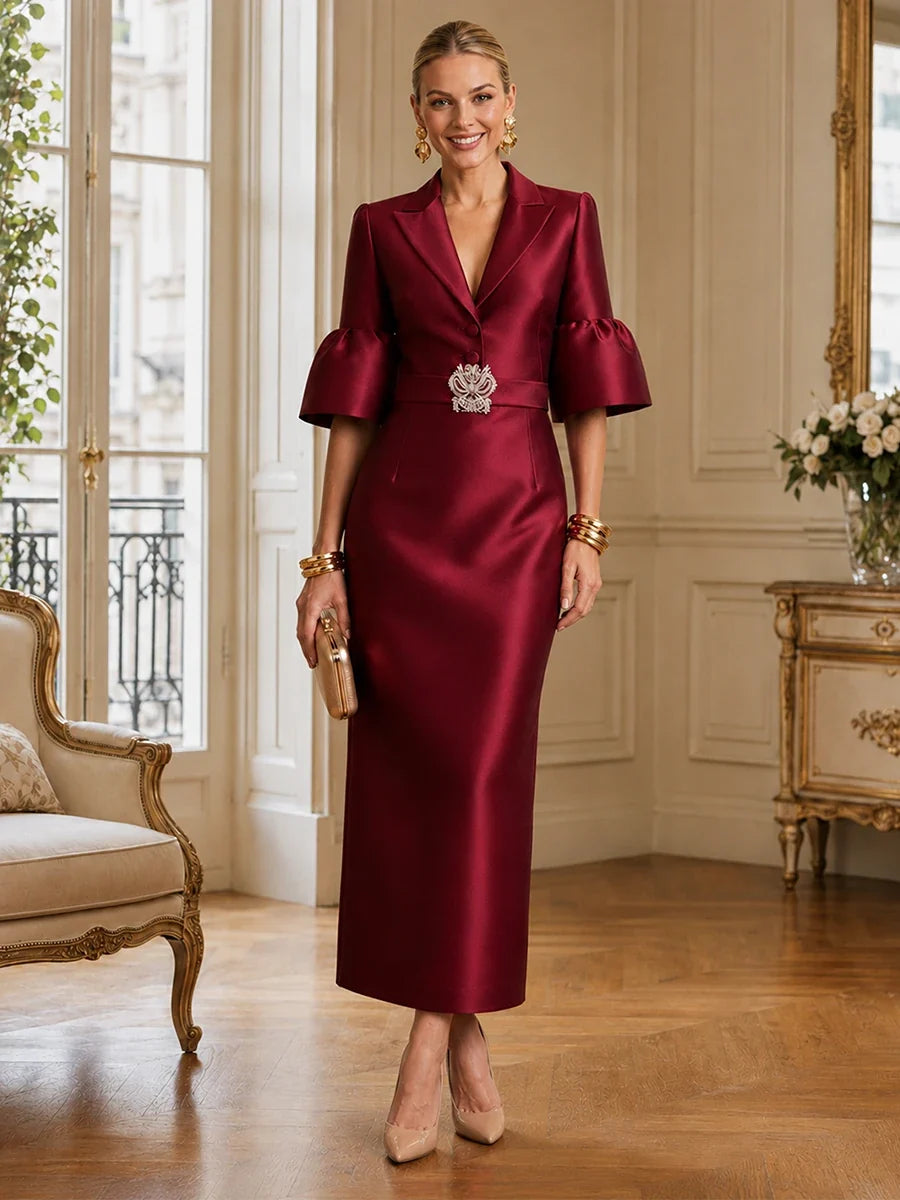 Tea-Length Mother of the Bride Dress in Satin with Puff Sleeves