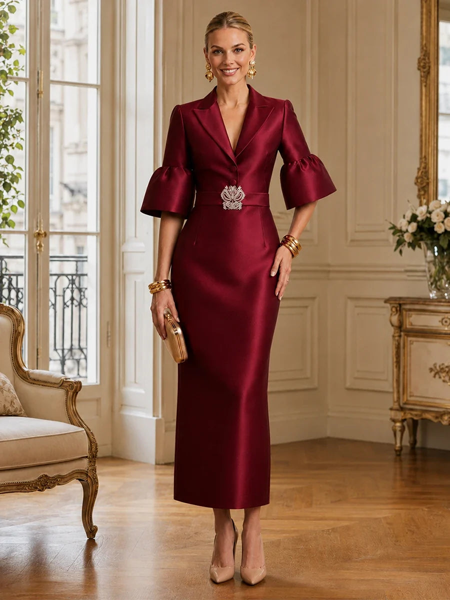 Tea-Length Mother of the Bride Dress in Satin with Puff Sleeves