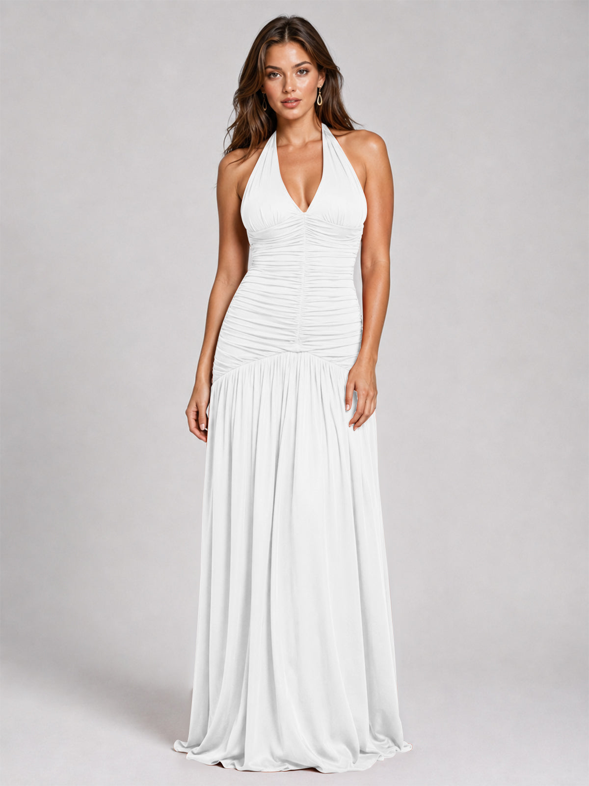 Burnt Orange Ruched Halter Drop-Waist Prom Dress