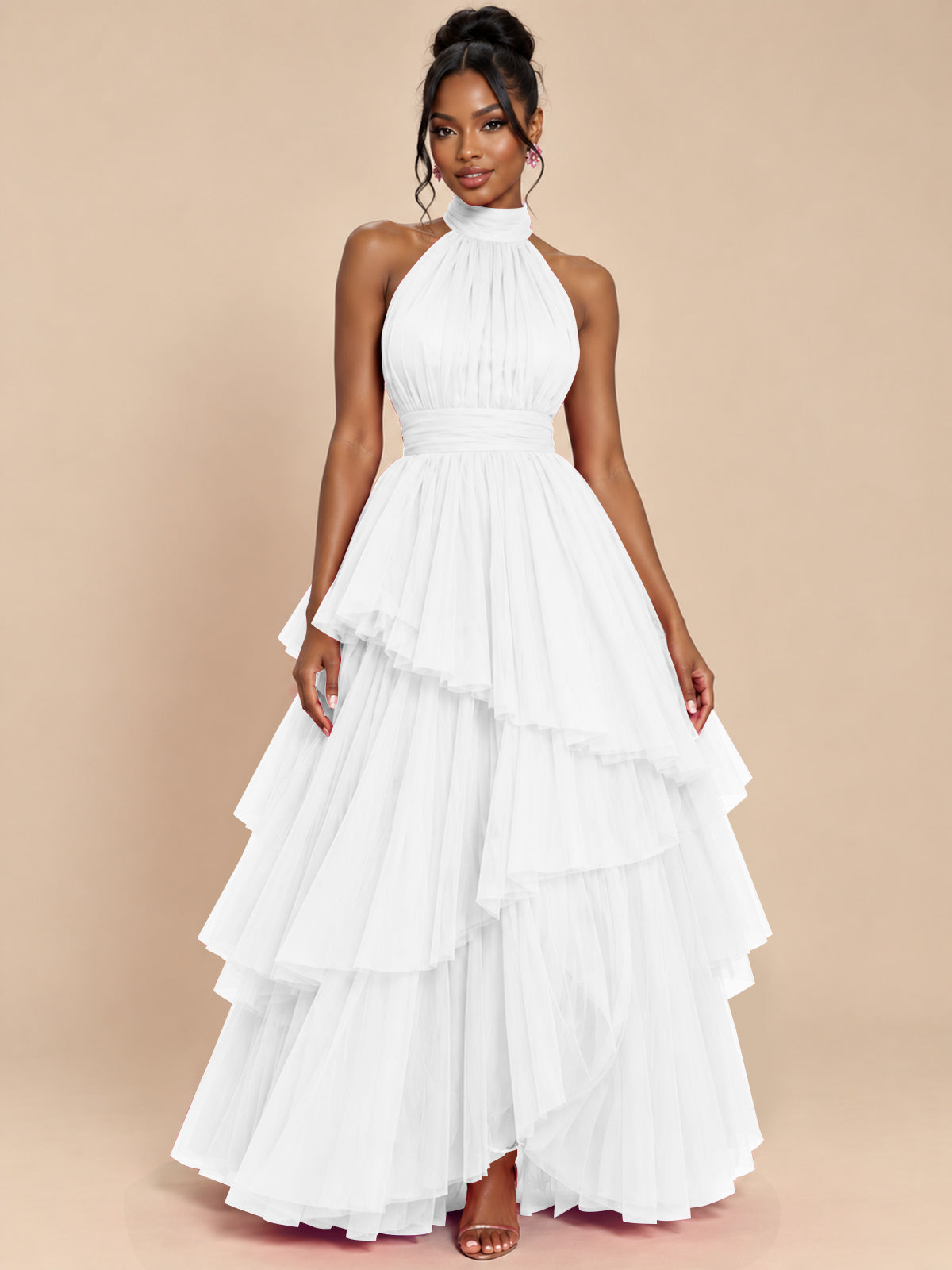 Hot Pink Tulle Halter Neck Tiered Ruffle Maxi Dress